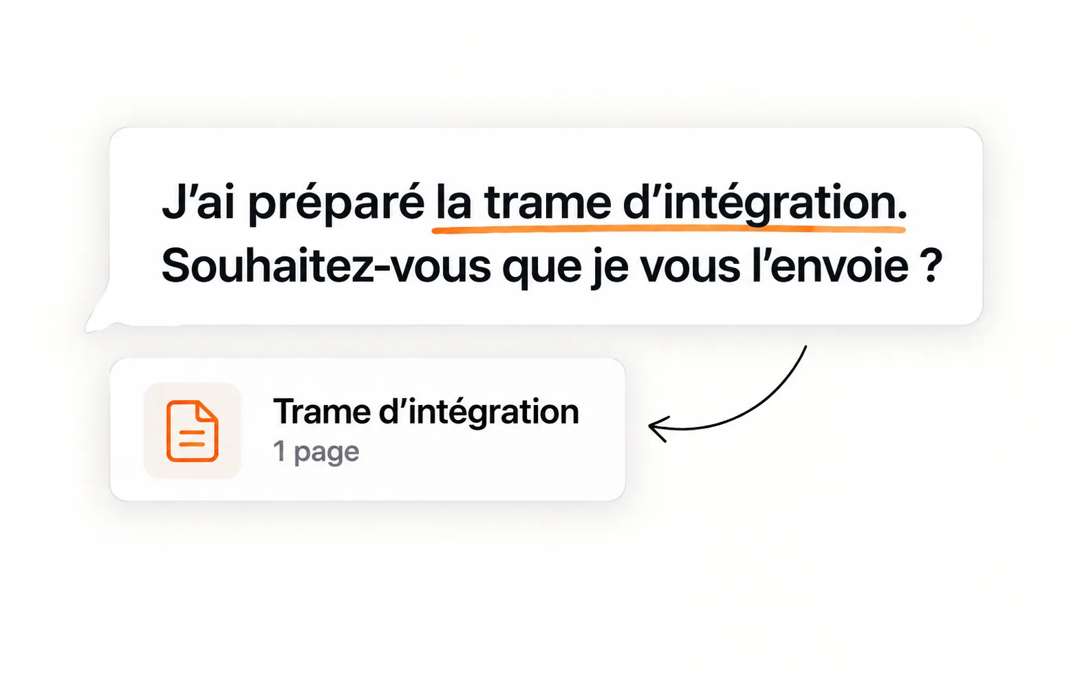 Une relance propose une trame d’intégration déjà préparée, présentée dans une pièce jointe.